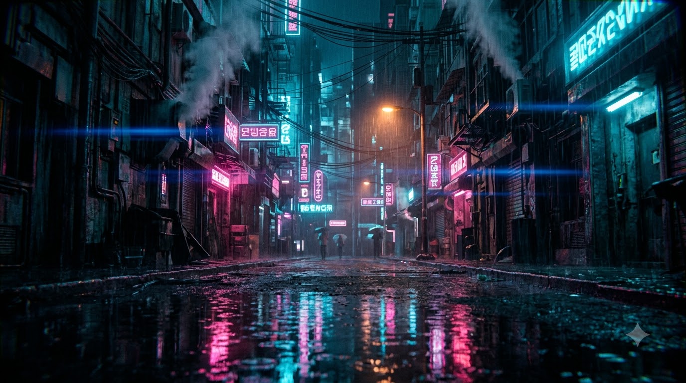 Rain-soaked neon alley generated from the cyberpunk scene prompt